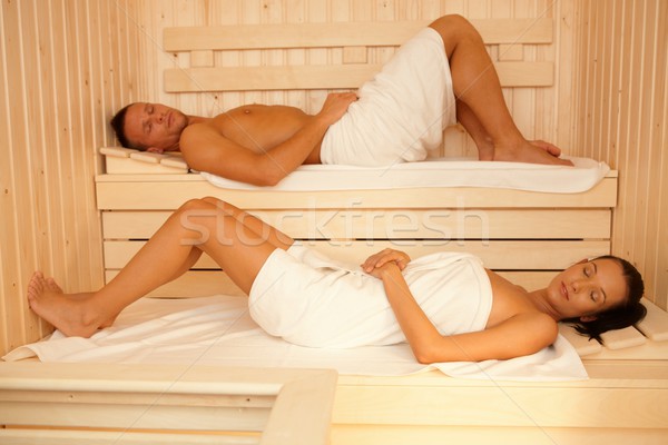 Retrato casal sauna toalhas relaxante Foto stock © nyul