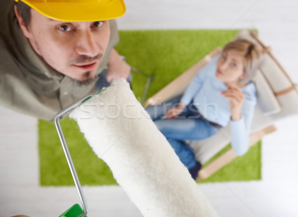 Stockfoto: Man · verf · focus · permanente · ladder · vrouw