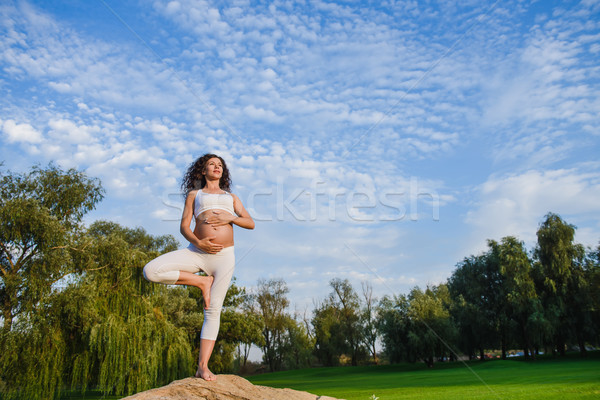 Pregnant woman in meditation pose on stone Stock photo © O_Lypa