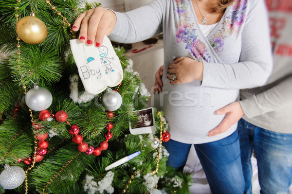 Stockfoto: Zwangere · paar · kerstboom · echtgenoot · vrouw