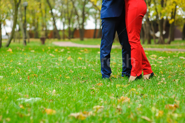 Foto stock: Pareja · verde · césped · otono · parque