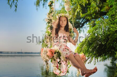 девушки Swing реке дерево украшенный Сток-фото © O_Lypa