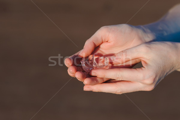 Jégkockák emberi kezek lány tart kint Stock fotó © O_Lypa
