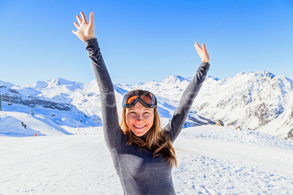 Winter Spaß Alpen glücklich Frau genießen Stock foto © Obencem