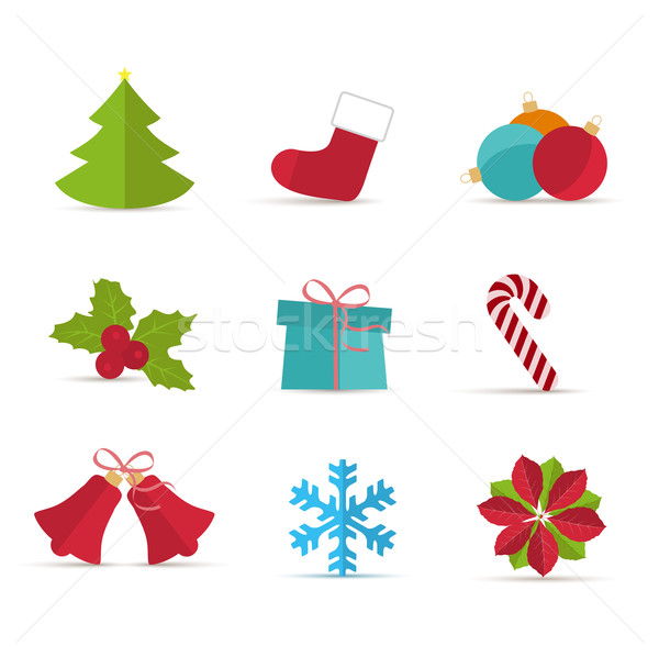 Foto stock: Navidad · iconos · vector · blanco · feliz · nieve