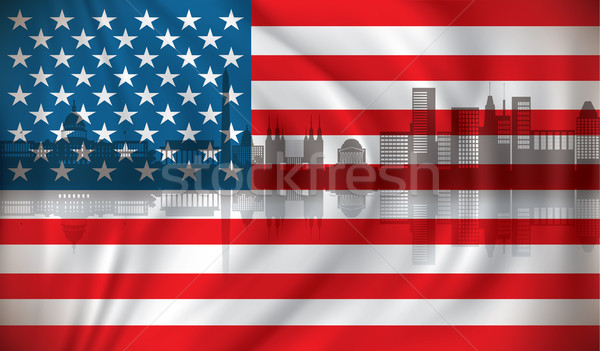 Stockfoto: Vlag · usa · skyline · water · huis · gebouw