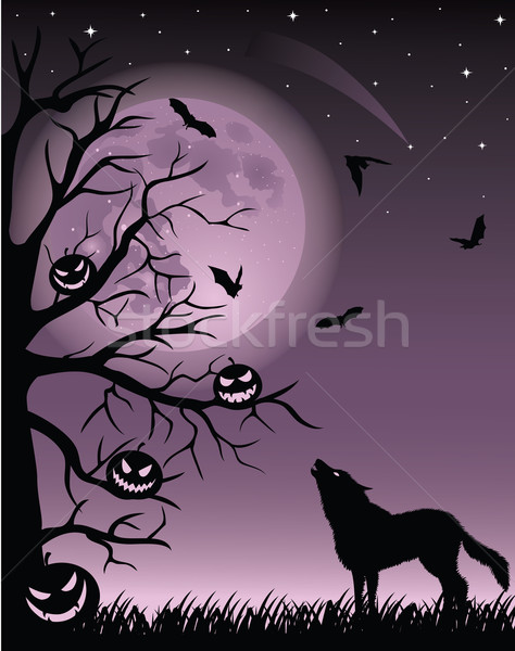 Wolf volle maan vliegen silhouet boom pompoenen Stockfoto © oksanika