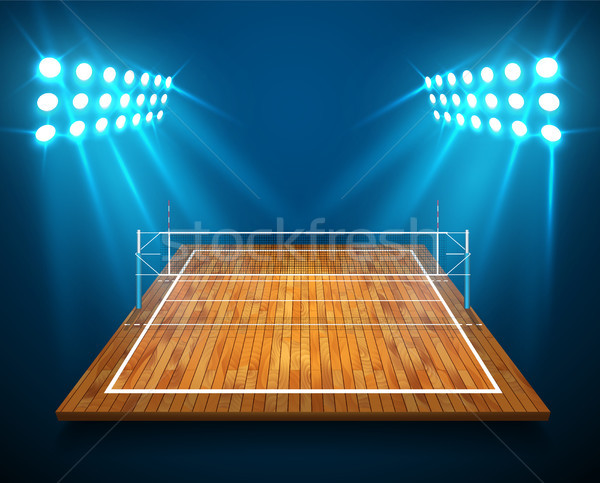 An illustration of hardwood perspective vollyball field court, net with bright stadium lights shinin Stock photo © olehsvetiukha