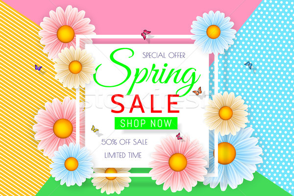 Spring sale background design with beautiful colorful flower. Vector floral design template for coup Stock photo © olehsvetiukha