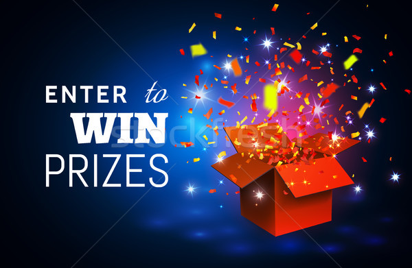 Open Red Gift Box and Confetti on blue background. Enter to Win Prizes. Vector Illustration Stock photo © olehsvetiukha