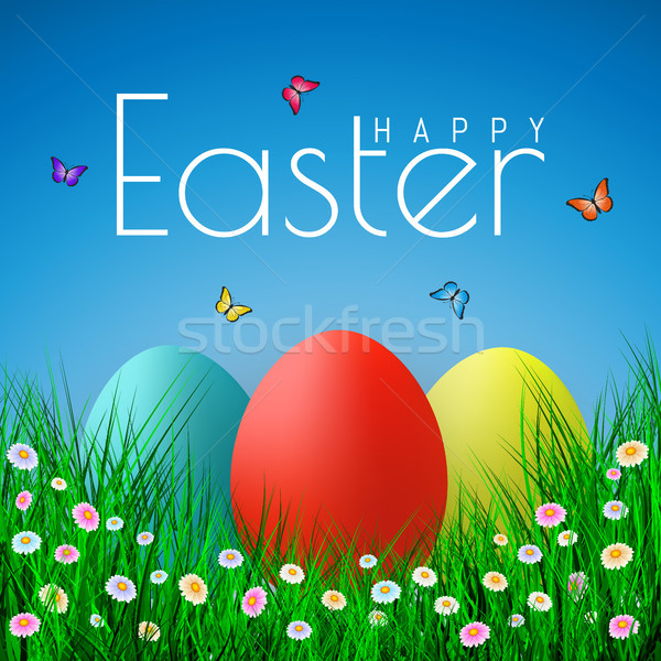 Vector Easter eggs with grass, butterfly and flowers isolated on a blue background. Element for cele Stock photo © olehsvetiukha
