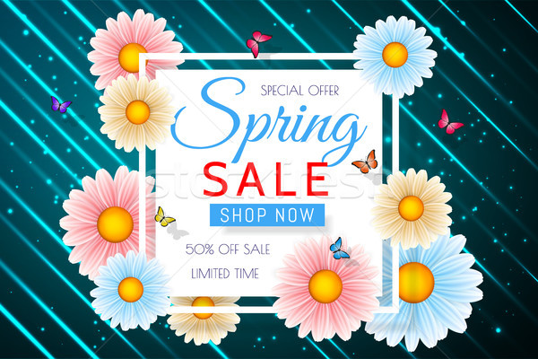 Stock photo: Spring sale background design with beautiful colorful flower. Vector floral design template for coup