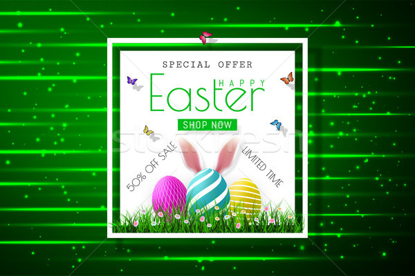 Happy Easter sale banners with realistic Easter rabbir`s ears, vector Stock photo © olehsvetiukha