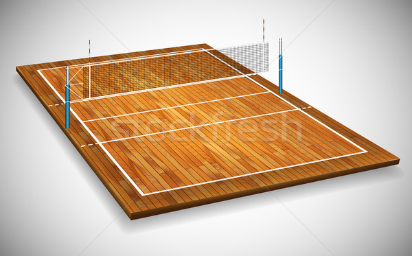 Perspective vector illustration of hardwood vollyball field court with net. Vector EPS 10. Room for  Stock photo © olehsvetiukha
