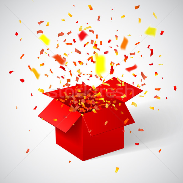 Stock photo: Open red Gift Box and Confetti. Vector Illustration