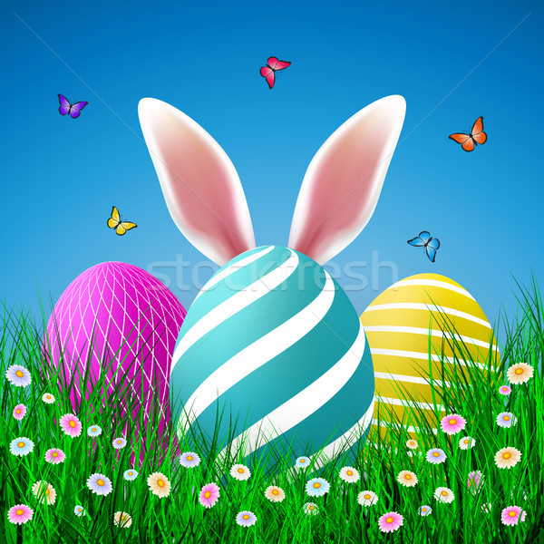 Vector Easter eggs with grass, butterfly and flowers isolated on a blue background. Element for cele Stock photo © olehsvetiukha