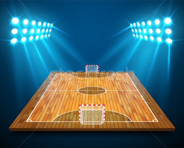 An illustration of hardwood perspective Futsal court or field with bright stadium lights design. Vec Stock photo © olehsvetiukha