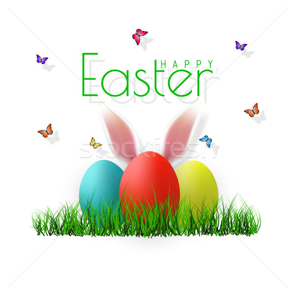 Vector Easter eggs with grass, butterfly and flowers isolated on a white background. Element for cel Stock photo © olehsvetiukha
