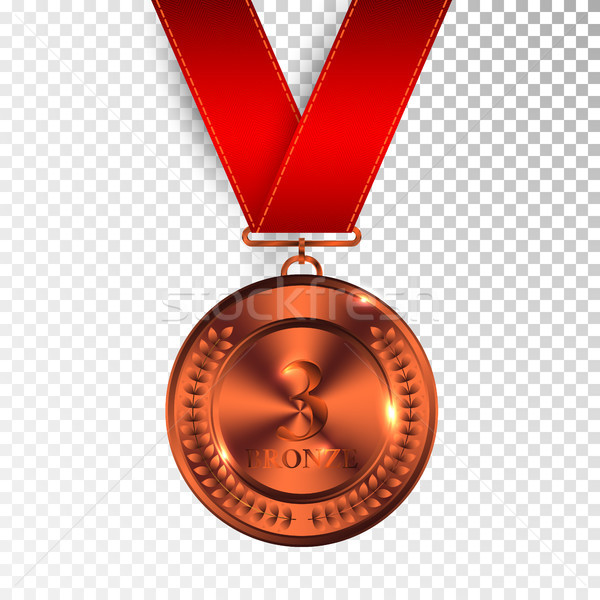 Champion Art Bronze Medal with Red Ribbon 3 Icon Sign Third Place Isolated on Transparent Background Stock photo © olehsvetiukha
