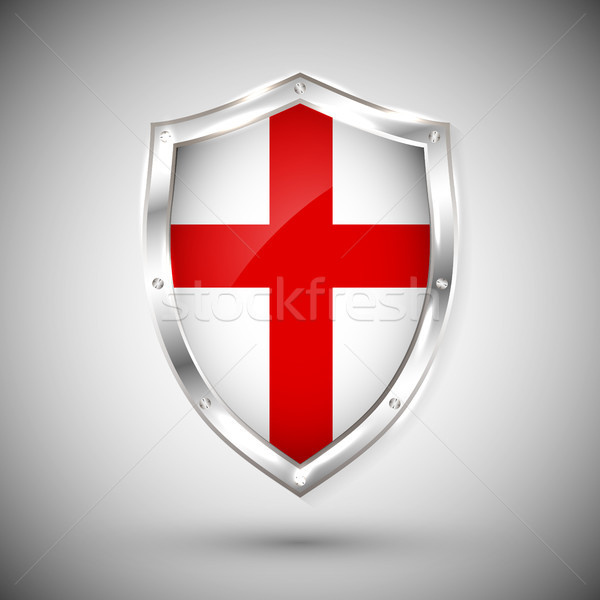 Stock photo: Enfland flag on metal shiny shield vector illustration. Collection of flags on shield against white 