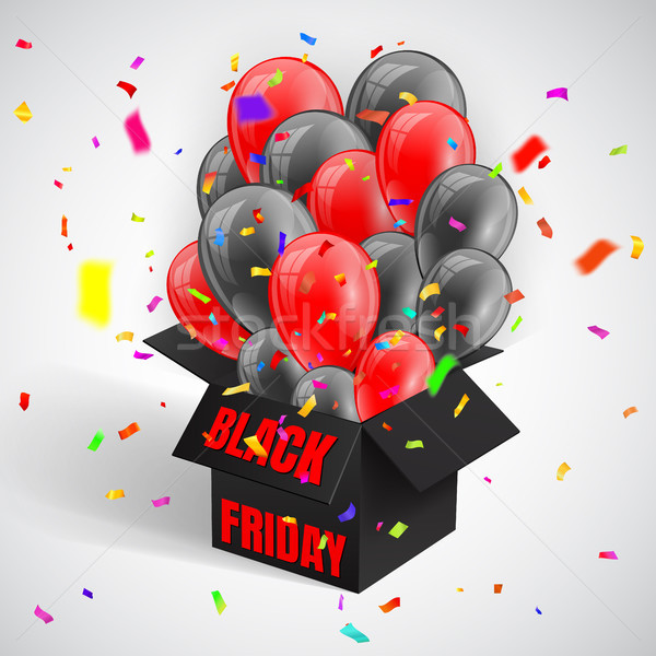Black Friday Sale Poster with confetti and Dark Shiny Balloons Bunch flying from open black box. Vec Stock photo © olehsvetiukha