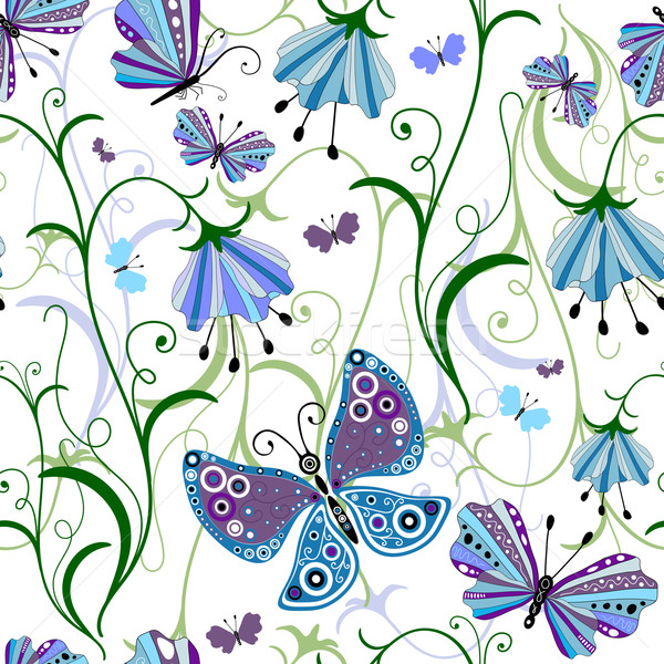 Foto stock: Blanco · sin · costura · floral · patrón · flores · mariposas