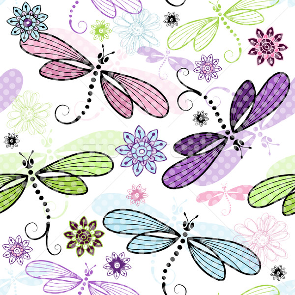 Spring seamless floral pattern with dragonflies Stock photo © OlgaDrozd