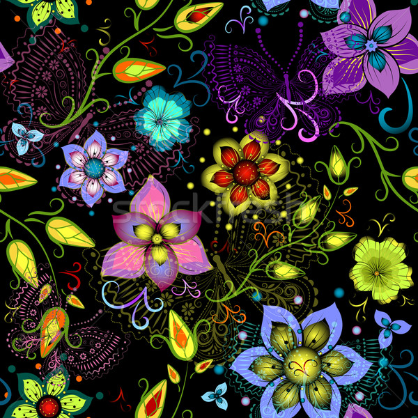 [[stock_photo]]: Noir · floral · modèle · transparent · papillons