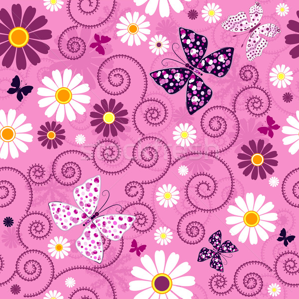 Foto stock: Rosa · sin · costura · floral · patrón · flores · mariposas