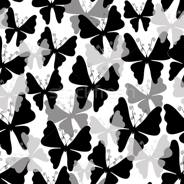 Foto stock: Branco · padrão · borboletas · sem · costura · preto · cinza