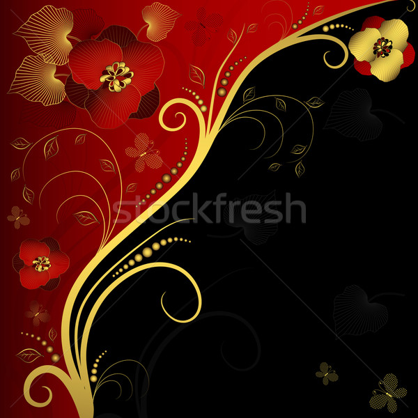 Piros fekete arany virágmintás keret pillangók Stock fotó © OlgaDrozd