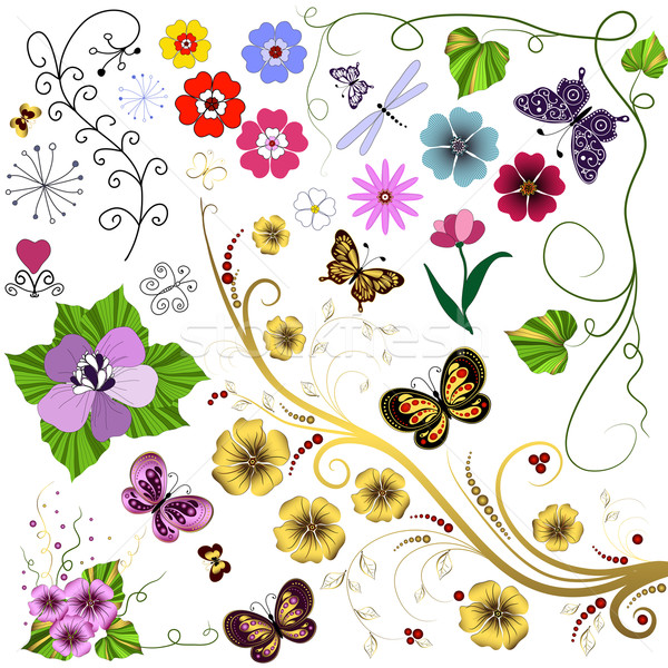 Set abstract handwork flowers and butterflies  Stock photo © OlgaDrozd