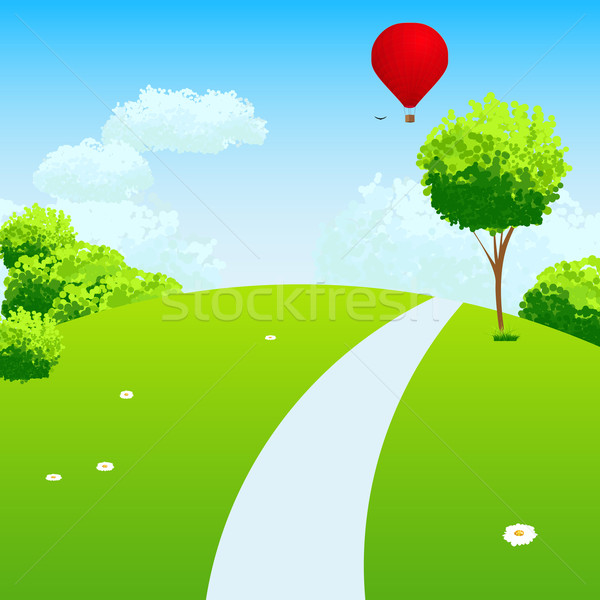 Green Landscape with trees clouds flowers and air balloon. Stock photo © OlgaYakovenko