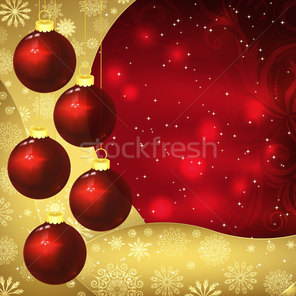 Stock photo: Glass balls, golden snowflakes and frosty patterns on a dark blu