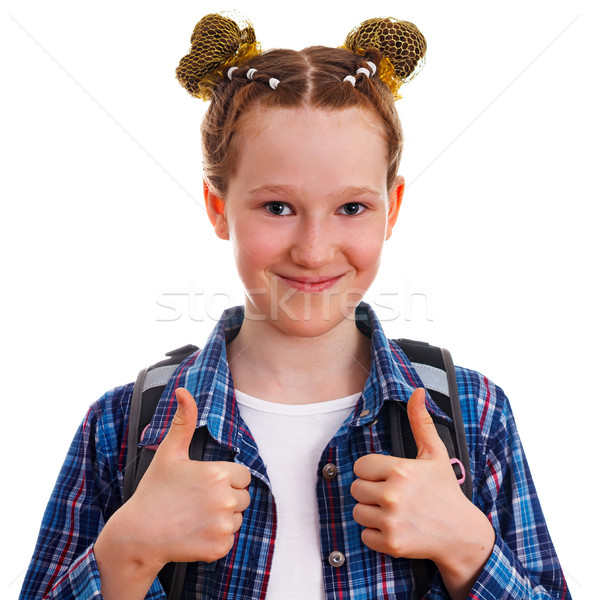 Cute Little Kid Girl In Checkered Shirt With A Backpack Stock