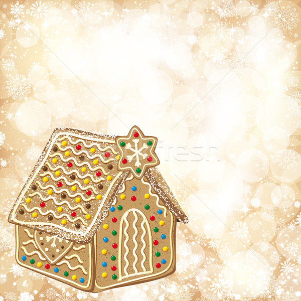 Stock photo: Christmas background with golden lights and gingerbread house.