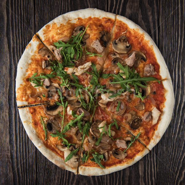 Stock fotó: Pizza · tyúk · gombák · fa · háttér · vacsora