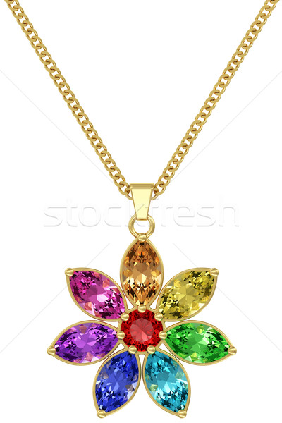 Gold pendant with colorful gemstones on chain isolated on white background Stock photo © oneo