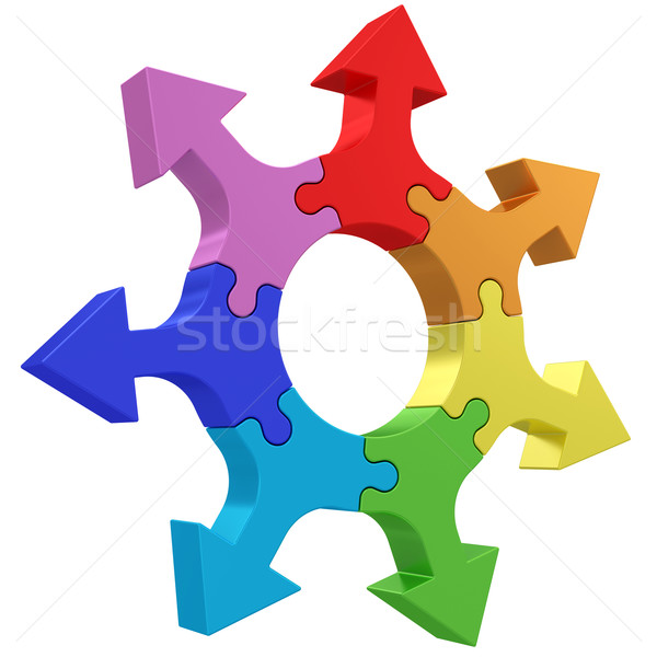 Colorful arrows joined into jigsaw puzzle wheel on white Stock photo © oneo