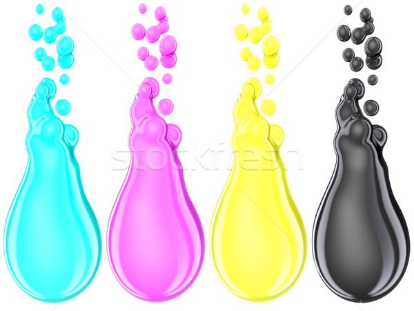 Stock photo: Cyan, magenta, yellow and black (CMYK) ink drops isolated on white