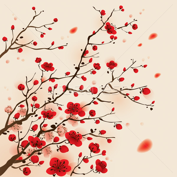 Stil pictura pruna floare primăvară Imagine de stoc © ori-artiste