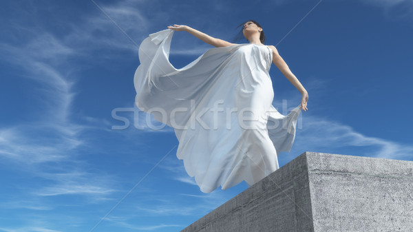 Foto stock: Mulher · jovem · vestido · branco · elegante · para · cima · stonewall