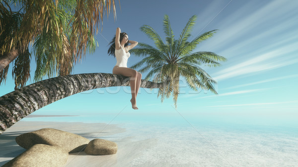 Woman siting upon palm tree on the beach.  Stock photo © orla