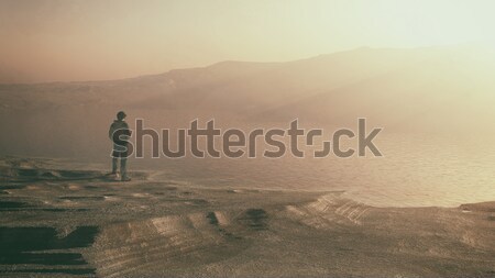 Dunst See junger Mann Sonnenuntergang 3d render Illustration Stock foto © orla