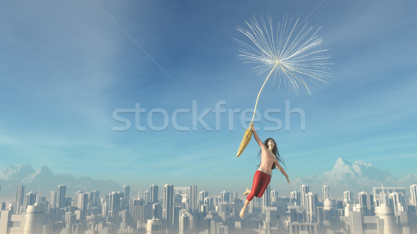 The young girl  flies over a city Stock photo © orla