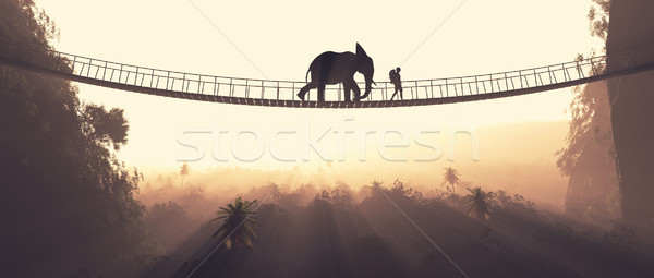 Om elefant frânghie pod suspendat munţi Imagine de stoc © orla