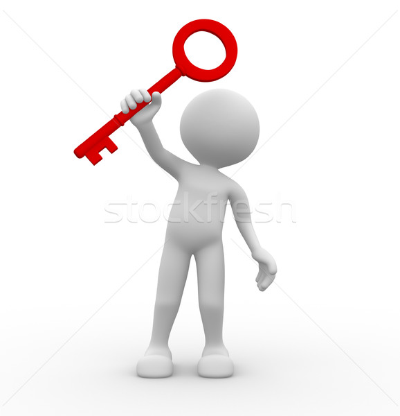 Stock foto: 3D · Mann · halten · rot · Schlüssel · Sicherheit · Männer