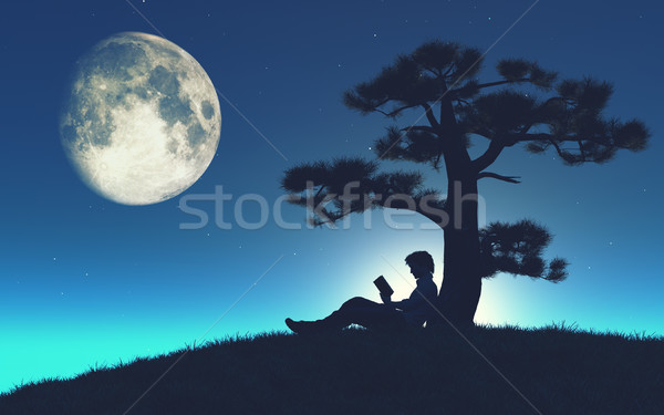Jonge man Open boek lezing boek boom maanlicht Stockfoto © orla