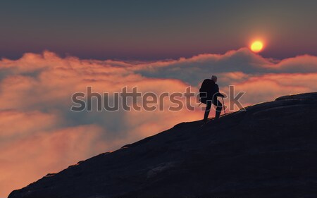 Man with backpack climbing a mountain Stock photo © orla