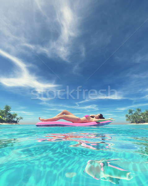 Boldog nő megnyugtató rózsaszín víz matrac Stock fotó © orla